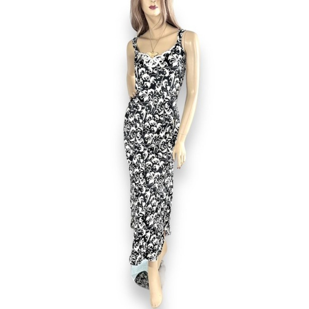 Vintage 1990s Black White Abstract Print Satin Slip Maxi Dress Large 14/16